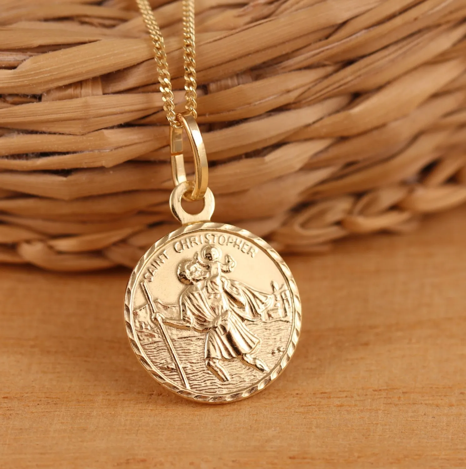 Authentic Gold Plated 925 Sterling Silver St Christopher 15mm Charm Pendant Necklace Chain