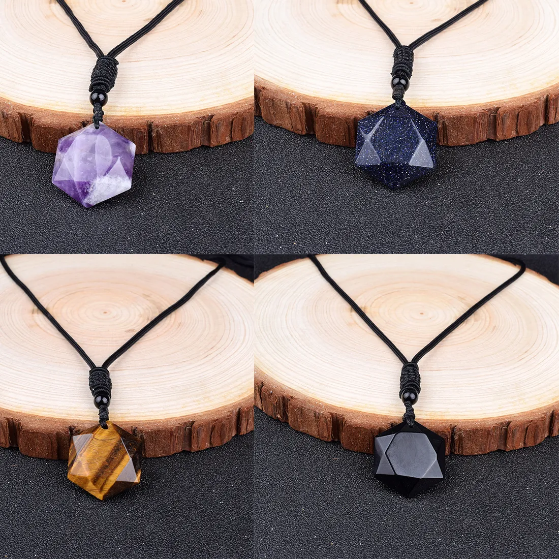 Authentic Natural Six-Pointed Star Pendant Necklaces Amethyst Tiger Eye Women Hexagram Pendant & Necklace Energy Stone Men Healing Jewelry