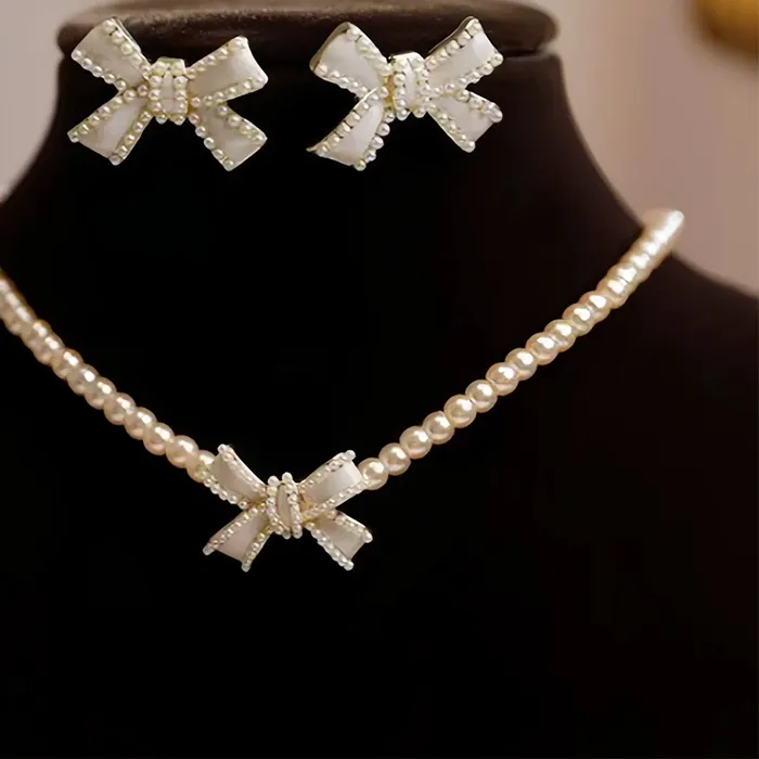 Authentic 2Pcs White Pearls Bowknot Round Bead Necklace Stud Earring Jewelry