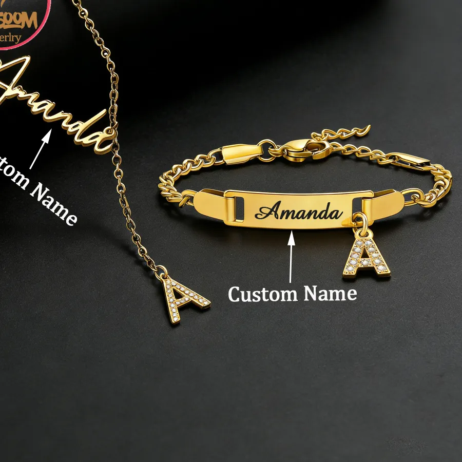 Authentic Akizoom Custom Name Zircon Letter Necklace Bracelet Personalized Name Jewelry Set for Woman Kid Birthday