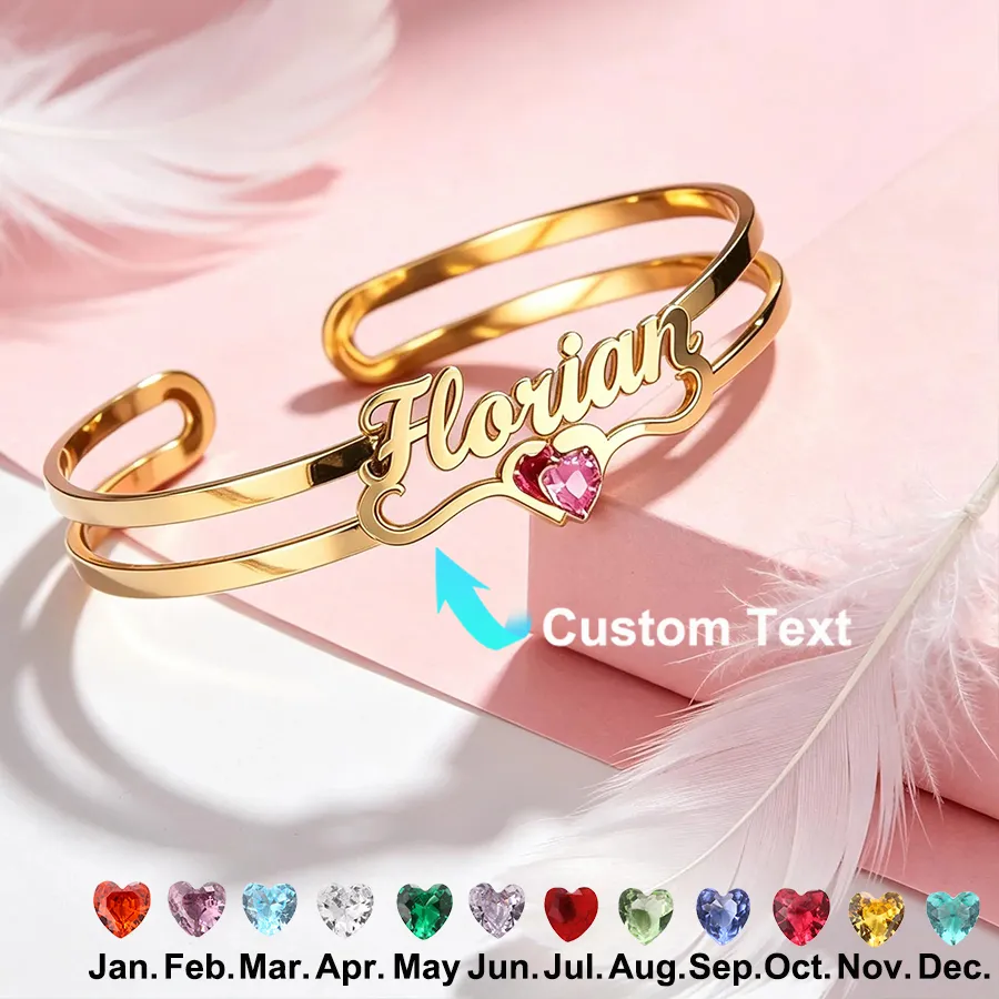 Authentic Customized Birthstone Heart Name Bangle Bracelet Personalized Name Bangle Bracelet Waterproof Custom Jewelry