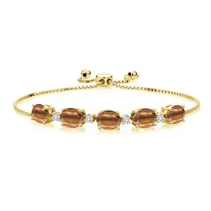 Authentic 6.51 Ct  Brown Tiger Eye White Diamond 18K Yellow Gold Plated Silver Bracelet
