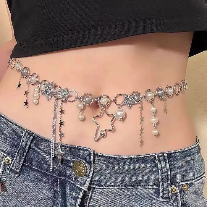 Authentic Korean Shiny Rhinestone Star Pentagram Waist Chain for Women Bling Crystal Pearl Chain Tassel Belt Body Chian Y2K Jewelry
