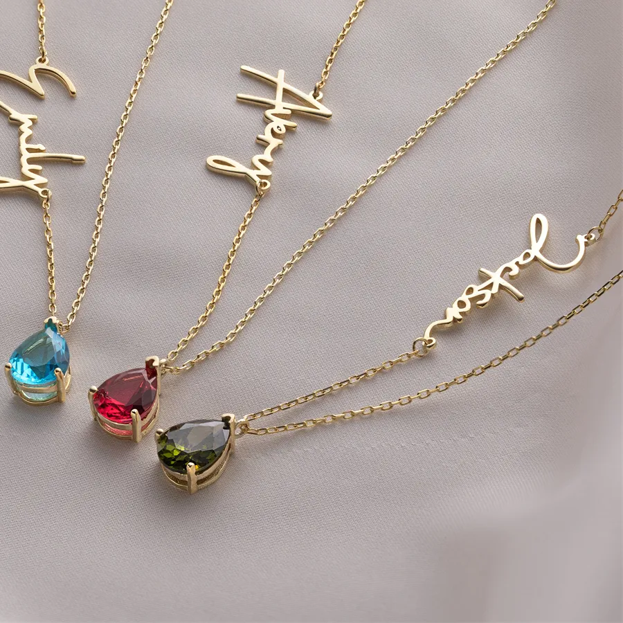 Authentic Handmade Teardrop Stone Necklace Custom Name Birthstone Necklace Mother's Day Sideways Name Choker Zircon Jewelry