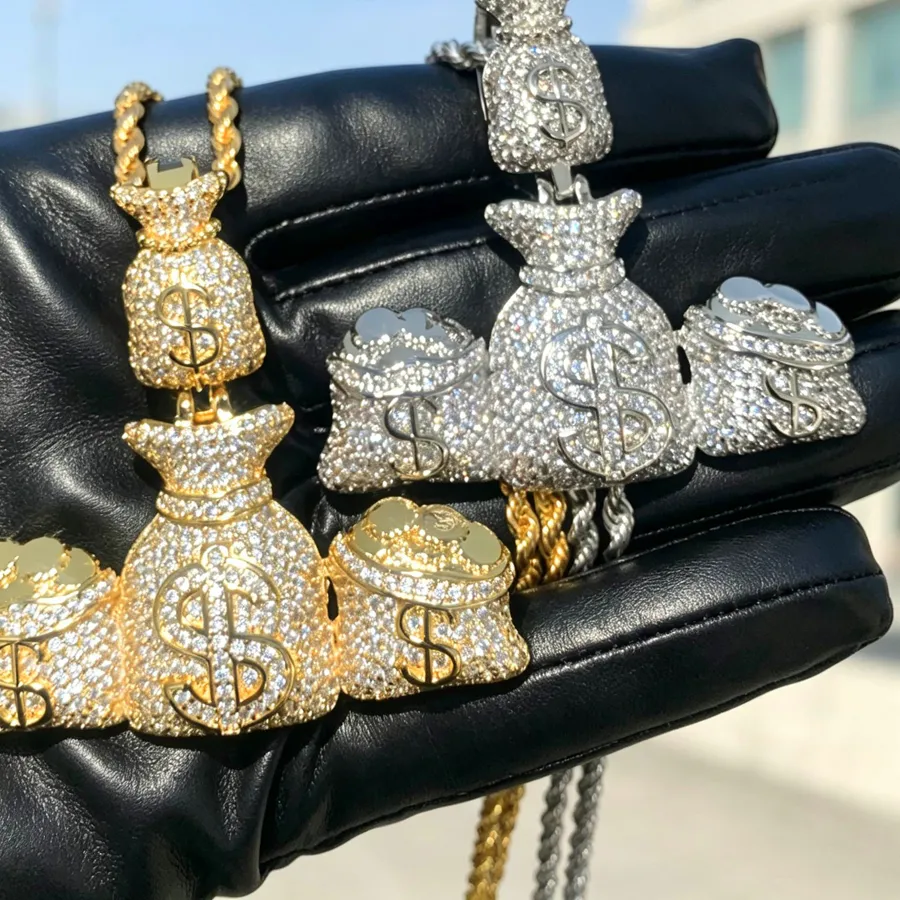 Authentic Iced Out Bling Money Bag Pendant Necklace 5A Zircon Lettrts Rich Dollar Symbol Hip Hop Jewelry