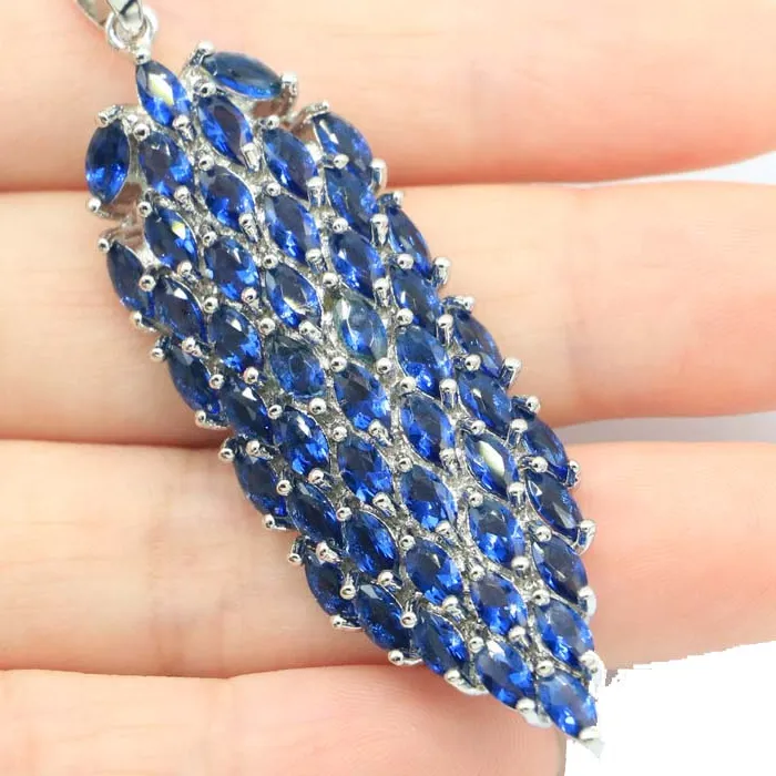 Authentic 68X19Mm European Design Long Big Rich Blue Aquamarine Tanzanite Silver Pendant Fine Cut