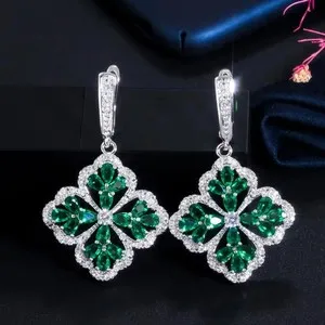 Authentic Snow Flower Emerald and Diamond Drop Earrings in Radiant White Gold Plate