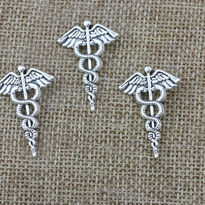 Authentic Healing Whispers of the Caduceus: 10 Antique Silver Plated Charms for Sacred Balance