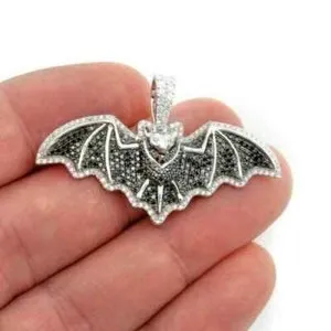 Authentic The Obsidian Nocturne: 2Ct Black and White Lab Created 14K White Gold Plated Flying Bat Pendant