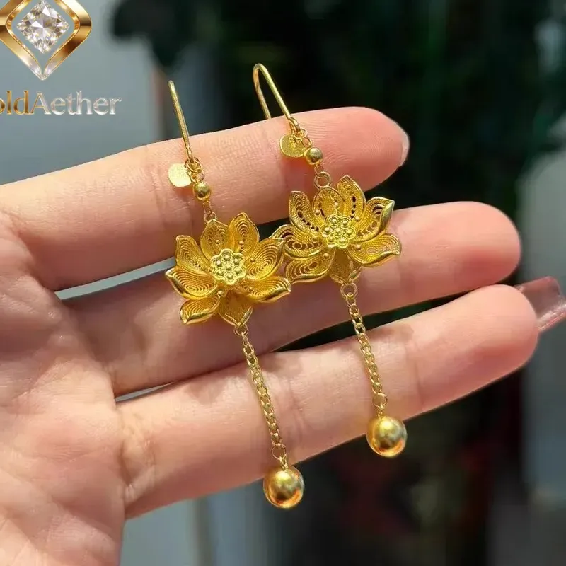 Authentic Goldaether 9999 24K Real Gold Tancient Huanlian Flower Pendant Earrings China- Chic Lotus Pendants Hollow Sweater Cha