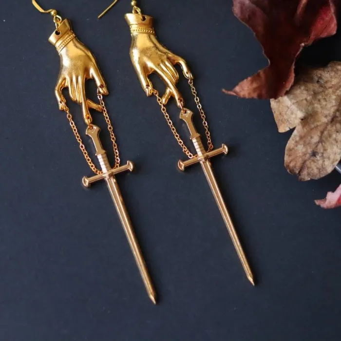 Authentic Gothic Punk Earrings Swords Hand Earrings Statement Gothic Medieval Witch Mysterious Female Halloween Jewelry