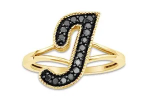 Authentic 1/4 CT Natural Black Diamond Initial Alphabet "J" Ring 14K Yellow Gold Plated