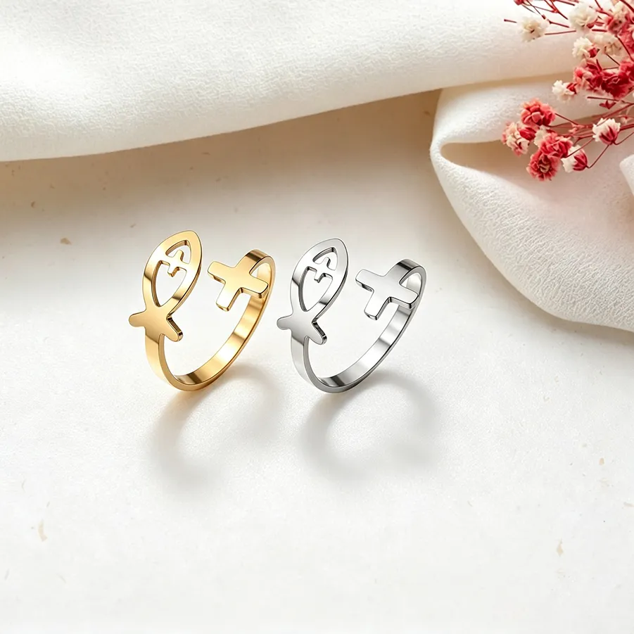 Authentic Christian Fish Cross Open Ring Adjustable Band Ring Religious Ichthys Symbol Finger Ring Faith Amulet Religious Jewelry