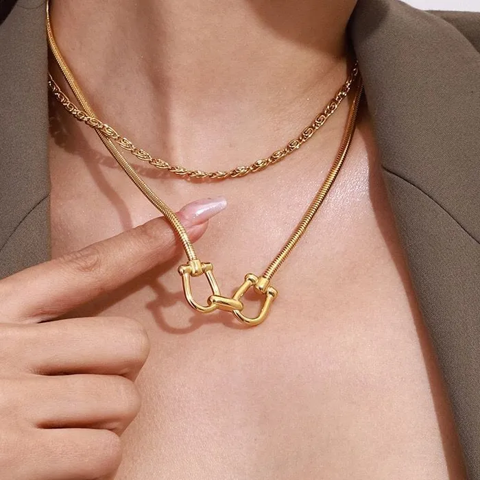 Authentic Woman 18K Gold Plated Stainless Steel Horseshoe Pendant Chain Necklace