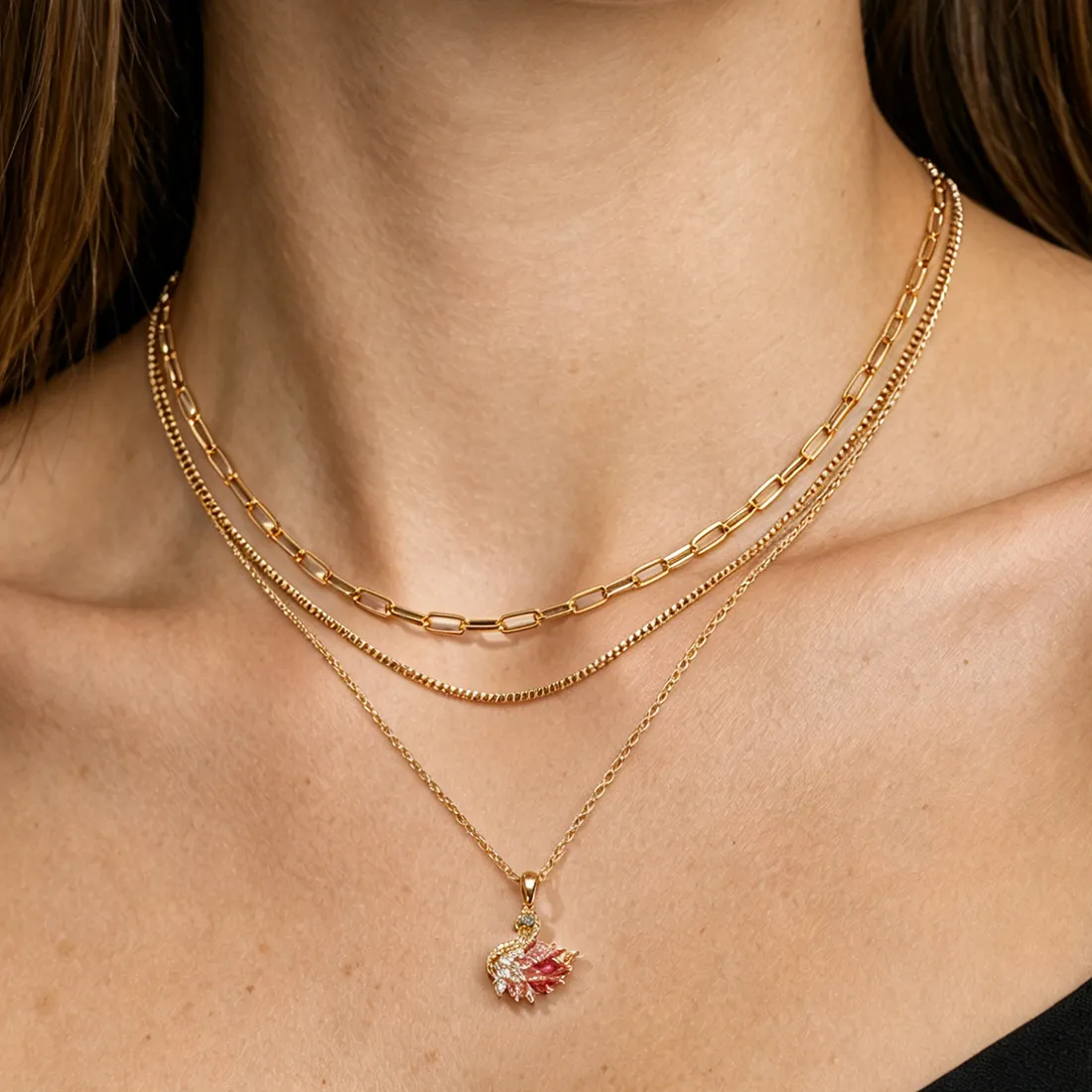 Authentic Women's Layered Swan Pendant Necklace, Gold Plated Cubic Zirconia Multi-layer Stacked Chain Necklace, Daily Jewelry