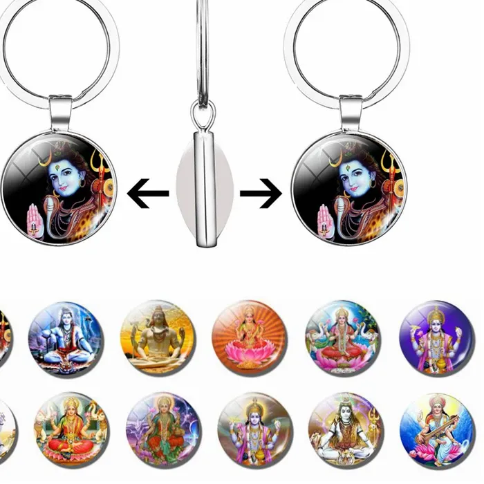 Authentic Lakshmi Goddess God Ganesh Double Face Keychain Glass Cabochon Jewelry Buddha Pendant Religion Amulet Key Chain Women Men
