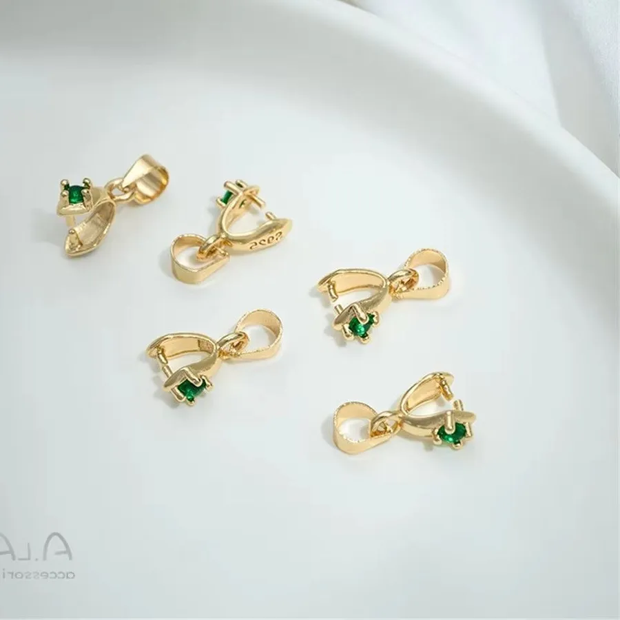 Authentic 14K Gold Green Zircon Melon Seed Clasp, Fu Character Wire Leaf Butterfly Safety Pendant Clasp for DIY Jewelry