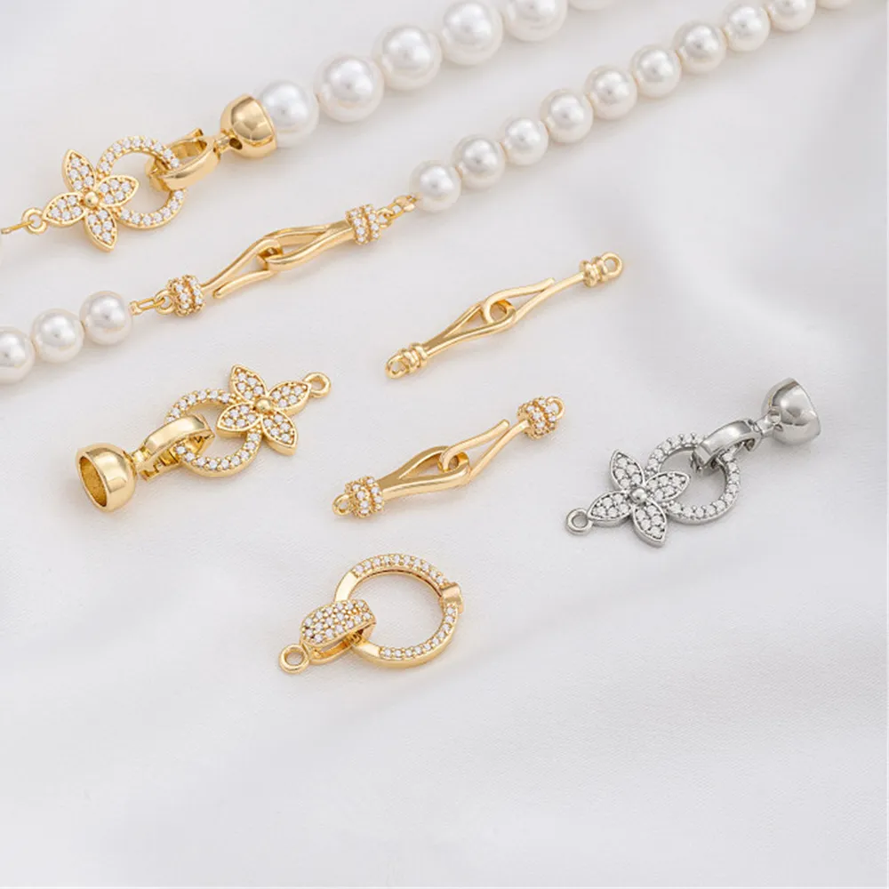 Authentic 14K Gold- Plated Zirconium Fish Hook Double Buckle Pearl Buckle Diy Necklace Bracelet Accessory Buckle Connection Buckle C003