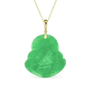 Authentic Yogi Amulet Green Jade Laughing Buddha Pendant Necklace 14K Gold Plated Silver