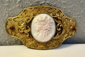 Authentic Enchanted Art Nouveau Sash Buckle – Gold‑Plated Pink Shell Cameo