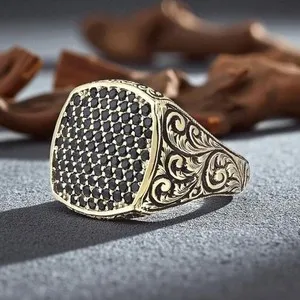 Authentic The Sovereign Shadow: Gold-Plated Black Spinel & Cubic Zirconia Western Signet Ring