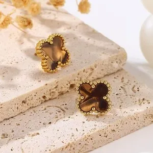Authentic Dainty 18K Gold Plated Lucky Four Leaf Clover Stud Earrings Women Jewellery Gift
