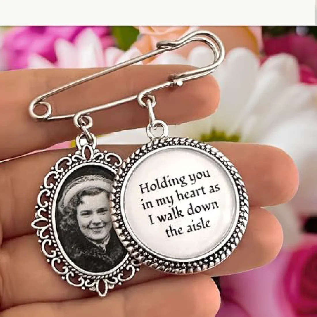 Authentic Silver Memorial Bouquet Pin, Holding You In My Heart As I Walk Down The Aisle, Bridal Bouquet Keepsake