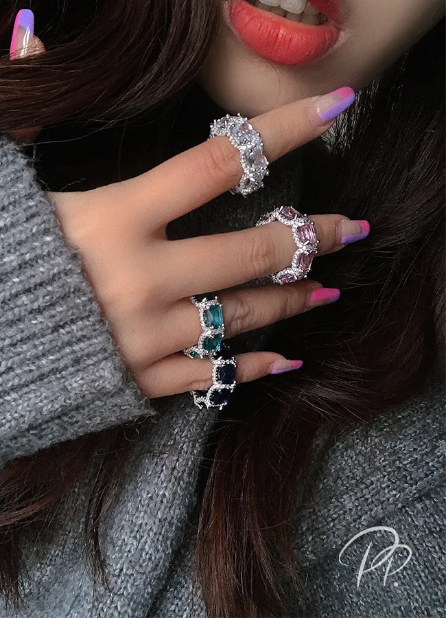Authentic Eternity Square Gemstone Promise ring 925 Sterling silver Party Wedding Band Rings for women Bridal Finer Jewelry