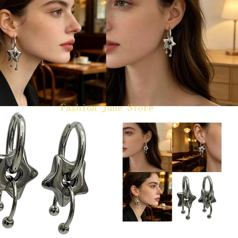 Authentic Celestial Starlight Dangle Earrings in Polished Silver Tone with Puffed Five-Point Charms