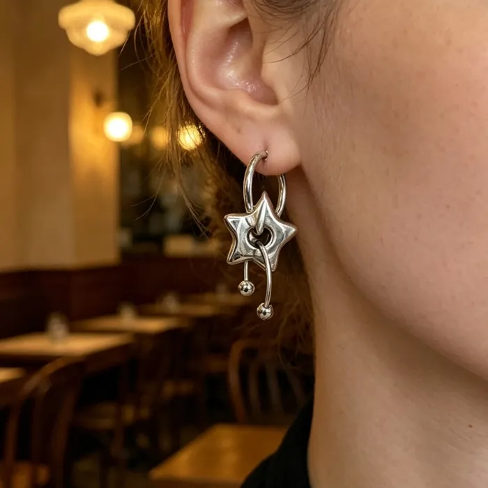 Authentic Celestial Star Dangle Earrings – Silver‑Laced Five‑Point Charm with Curved Bead, 3 cm Drop