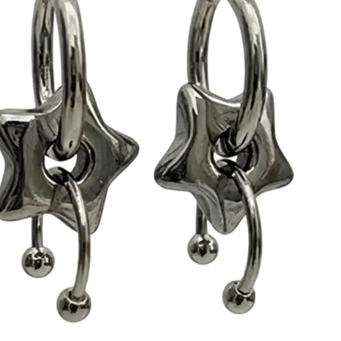 Authentic 91Af Star Dangle Earrings With Silver Tone Finish, Puffed Five Point And Curved Bead Accent, 3Cm Drop Pair For