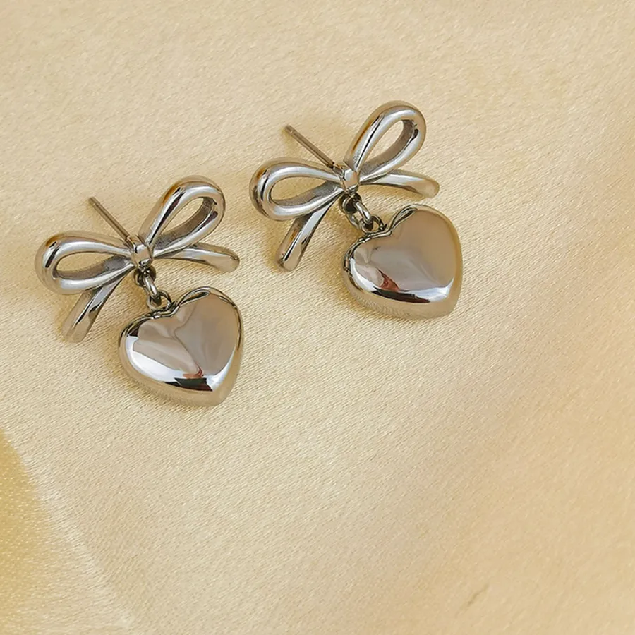 Authentic Y2K Bowknot & Puffed Heart Charms Drop Earrings Minimalist Elegant Jewelry Sweetheart Bow Grunge Gothic Earrings
