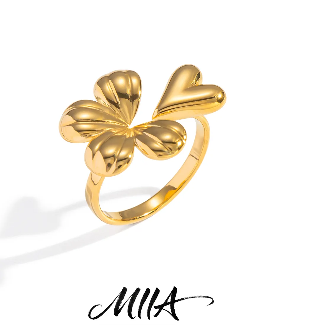 Authentic Miia Jewelry 3D Puffed Heart Clover Open Ring 18K Gold Lucky Four Leaf Clover Adjustable Ring