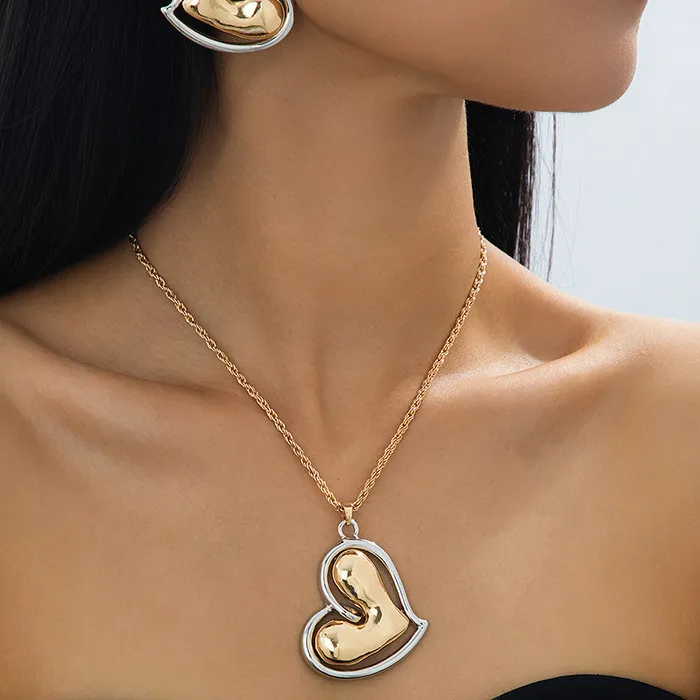Authentic Two- Tone 3D Puffed Heart Pendant Necklace & Stud Earrings Jewelry- Valentine's Day