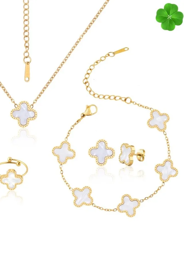 Authentic The Verdant Talisman: 18K Gold-Plated Four-Leaf Clover Ensemble