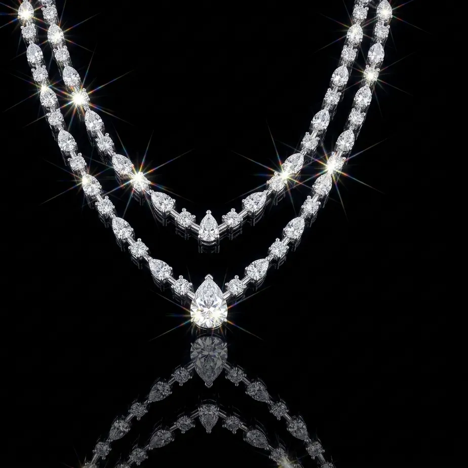 Authentic Twin Veil Of Celestial Light Pear Cut Moissanite Tennis Necklace In Sterling Silver