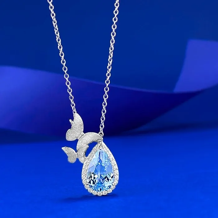 Authentic Celestial Blue Wings of Transformation - Light Blue Water Drop Butterfly Pendant