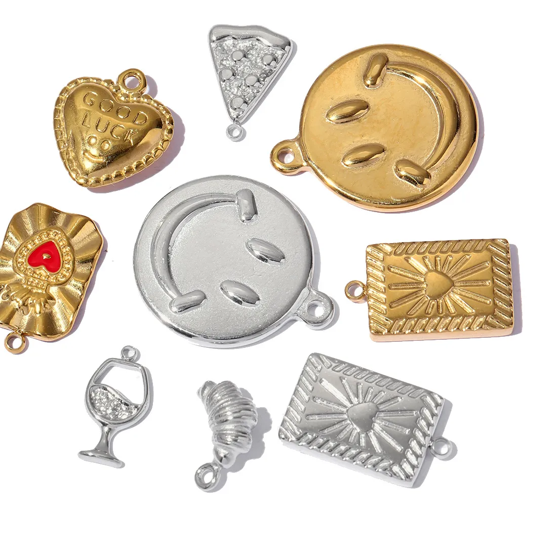 Authentic 3pcs/lot 14K Gold Plated Smile Face DIY Charm Necklace Tredny Goblet Pizza Good Luck Heart Pendant Woman Jewelry