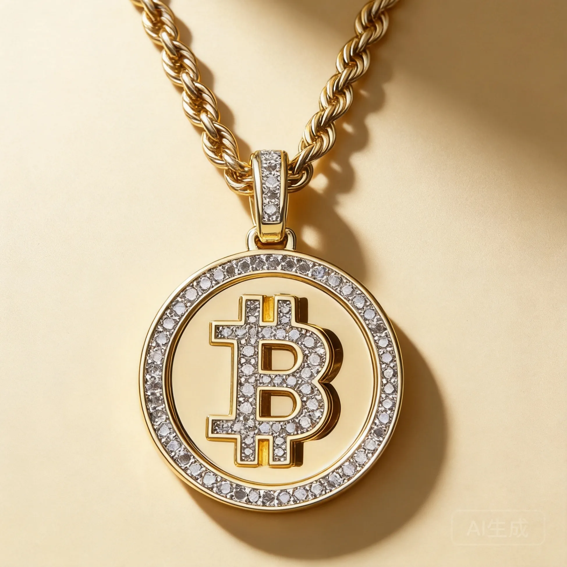 Authentic Chinese Style Lucky Wealth Attracting Gold Plated Micro Paved Cubic Zircon Bitcoin Pendant Mens Hip Hop Twist Rope Chain Necklac
