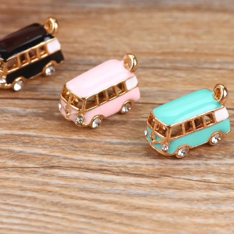 Authentic 5PCS Lucky Happiness Bus Enamel Pendant Charms Gold Tone Oil Drop DIY Bracelet Floating Charms