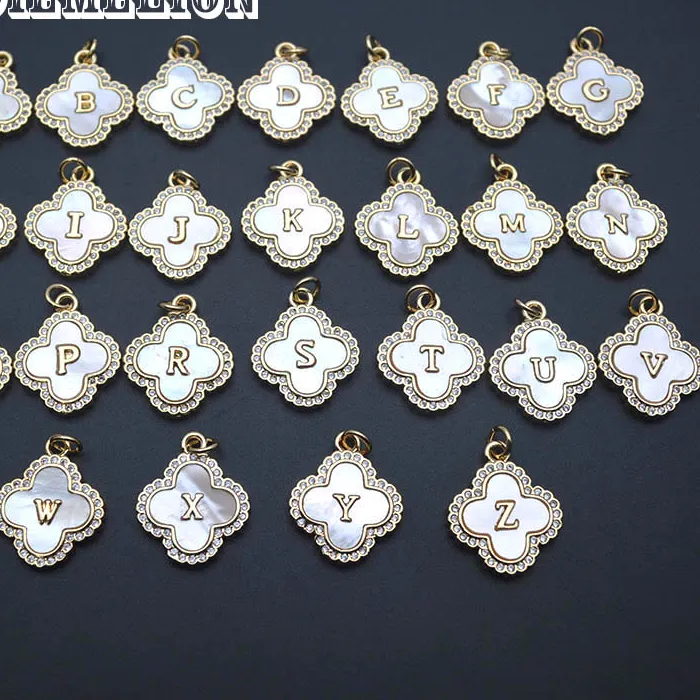 Authentic 5Pcs Clover Shape Natural White Mop Shell Charms A- Z Initial Letter Gold Color Pendants For Diy Jewelry Making Accessories