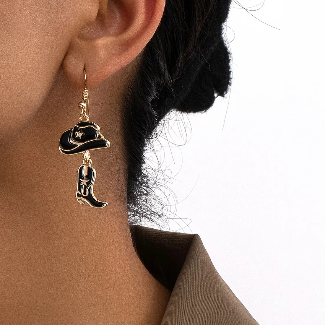 Authentic Western Cowboy Hat Boots Stud Earrings Personalized Creative Drip Oil Earrings Jewelry