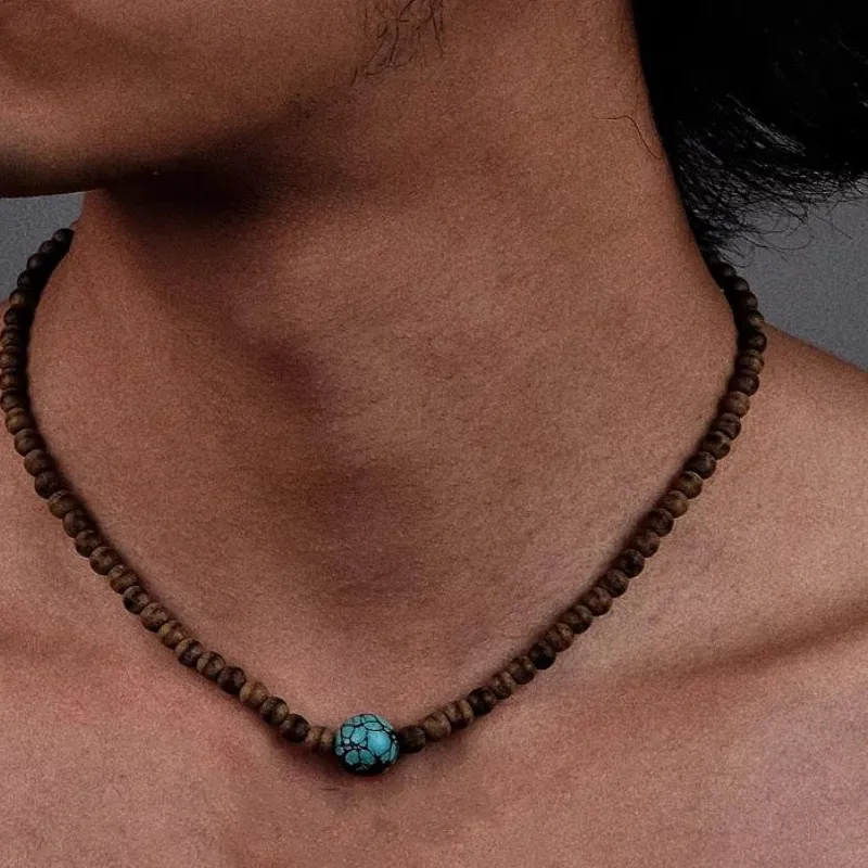 Authentic Agarwood & Turquoise Harmony Choker: Mystic Mini Bead Pendant for the Seeker