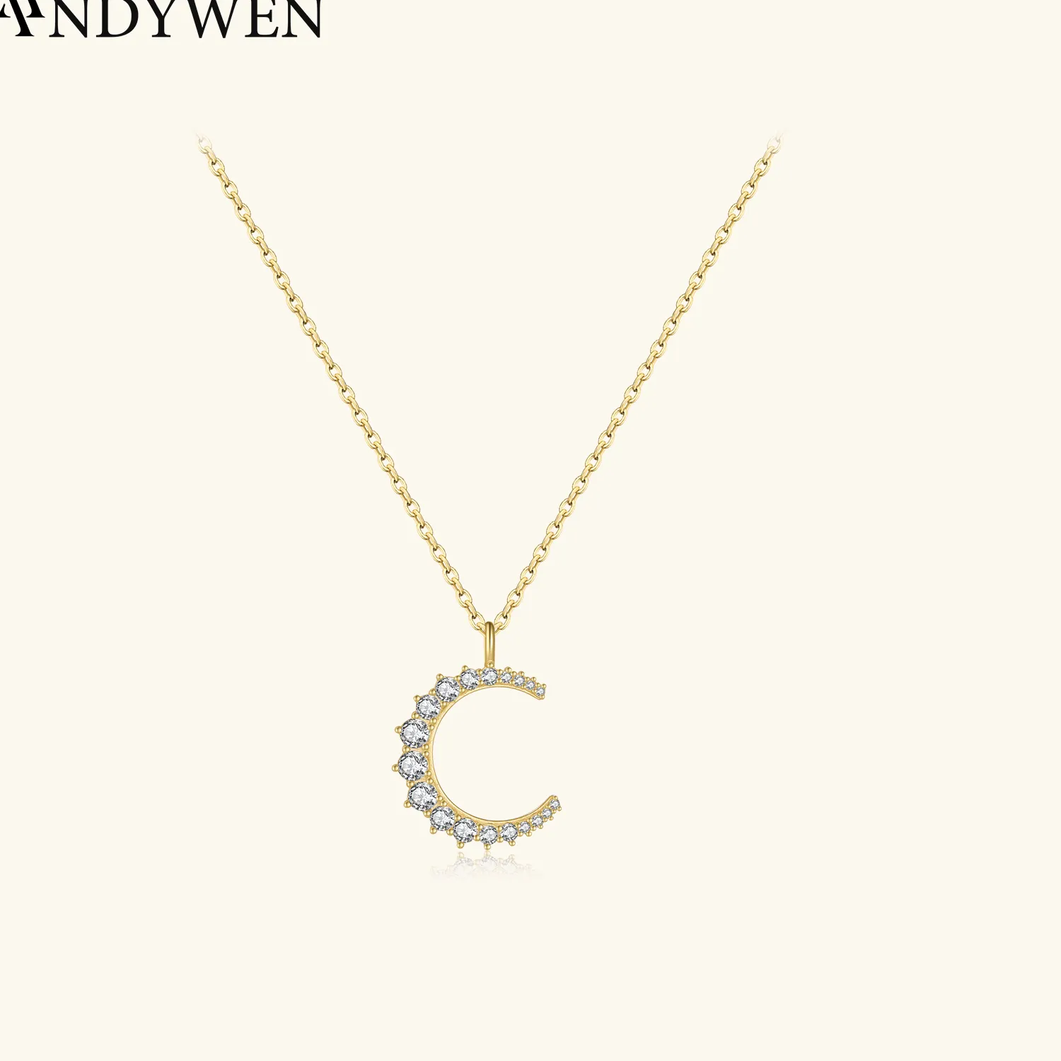 Authentic Andywen 925 Sterling Silver Gold Clear Blue Moon Pendant Chain Necklace Long Choker Fine Jewelry 2021