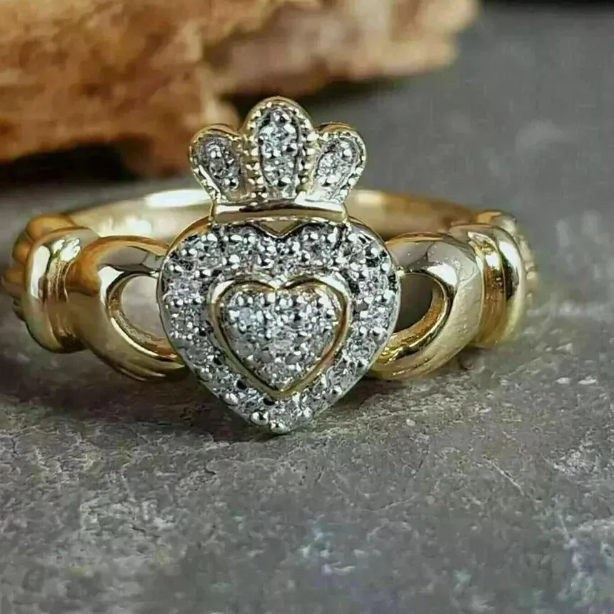 Authentic 1/2 CT Round Real VVS Moissanite Claddagh Engagement Ring 14K Yellow Gold Plated