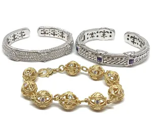 Authentic Judith Ripka 925 Sterling Silver CZ Gold Plated LOT OF 3 Cuff Bracelet Bangle