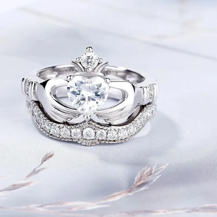 Authentic 1.50Ct Heart Cut Moissanite Crown Claddagh Engagement Ring 14K White Gold Plated