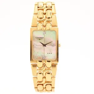 Authentic Vintage 23mm Longines CMZ 5742 Tank Style Quartz Wristwatch MOP Dial Gold Plated