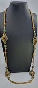 Authentic Eternal Verdant Whisper: Gold‑Plated Mesh Necklace with Nephrite & Miriam Haskell Beads