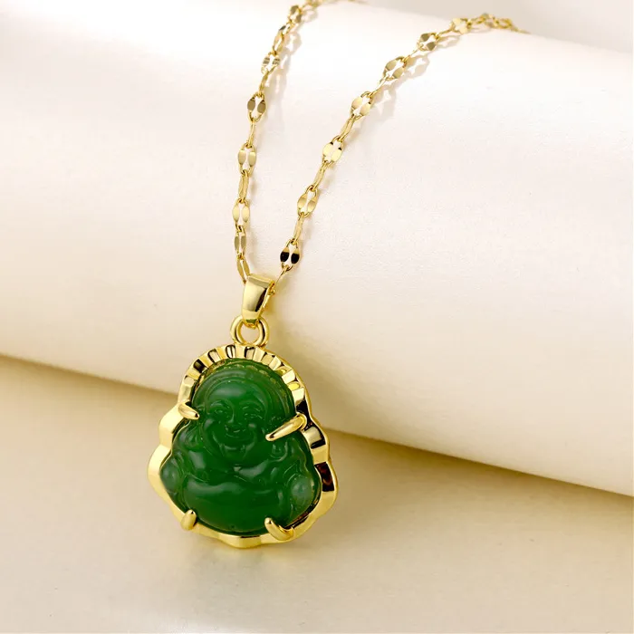 Authentic Green Smiling Maitreya Buddha Pendant Necklaces Lucky Guard Female Clavicle Chain Jewelry
